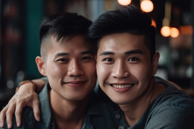 Two men smiling and hugging in a bar