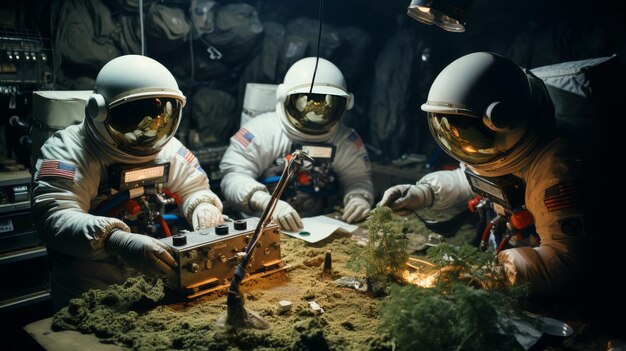 Photo two men in space suits meticulously working on a detailed model