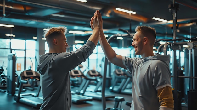 Two men in sportswear are giving each other a high five in a gym They are both smiling and look happy