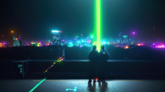 Two men stand on a bridge looking at a neon light in the night