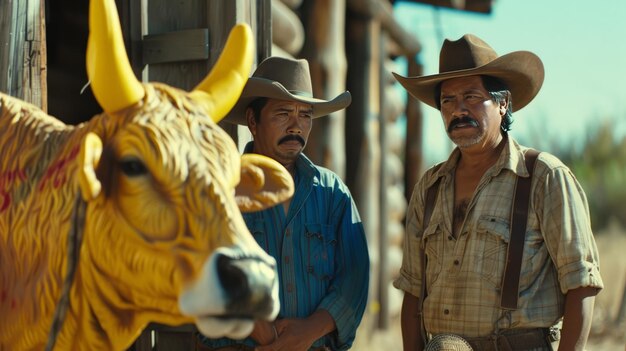 Photo two men stand next to a cow that has a cow on it