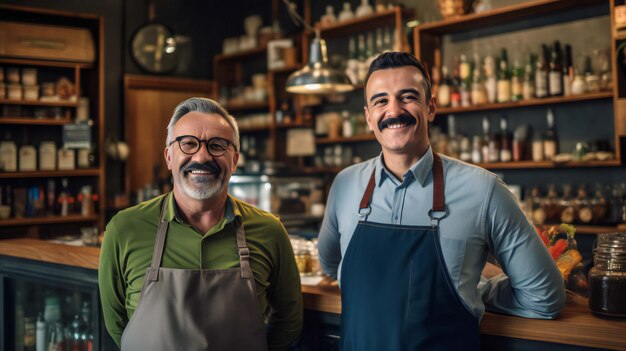 Two men stand in front of a bar with a bar behind them.