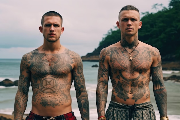 Two men stand in front of a beach with tattoos on their chest and the word tattoo on the front