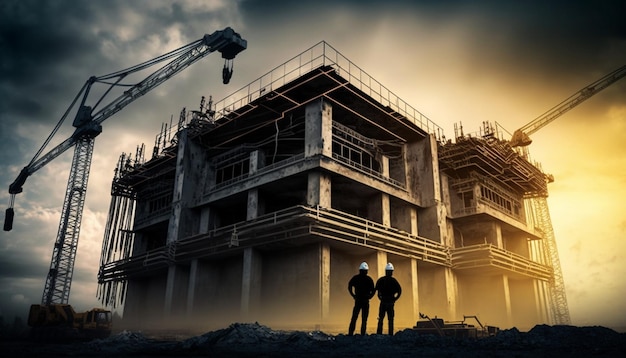 Two men stand in front of a building under construction