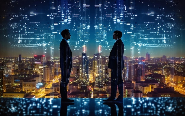 Two men stand in front of a cityscape.