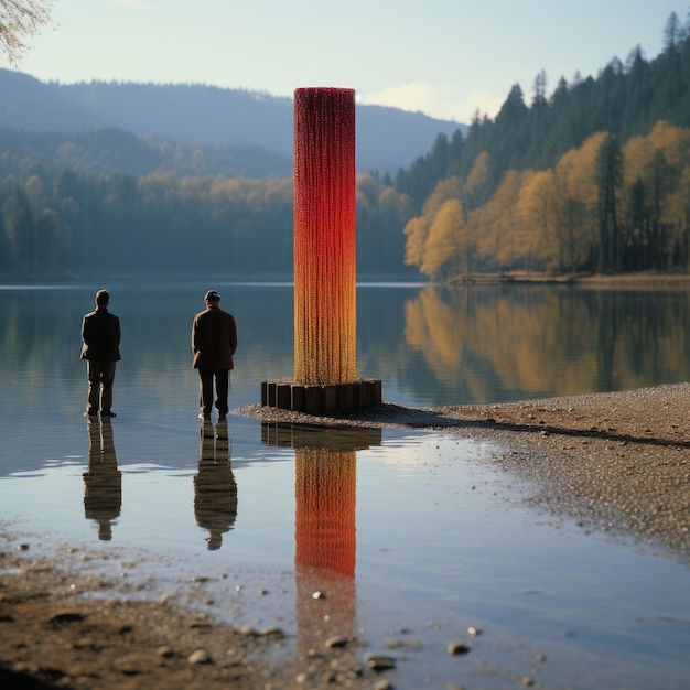 two men stand in front of a large piece of artwork.