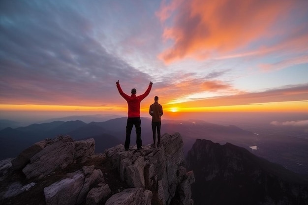 Photo two men stand on a mountain with the sun setting behind them