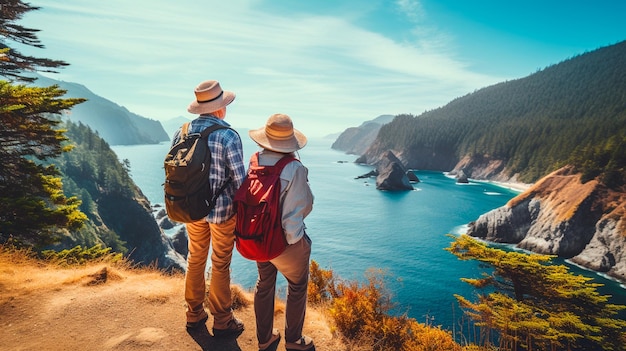 写真 2人の男性が海辺の崖の上に立っています ⁇