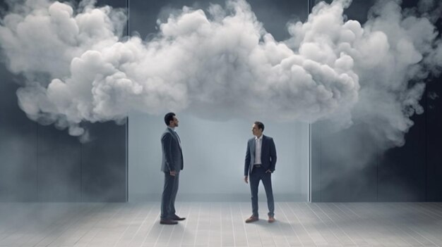 Two men stand in a room with a cloud shaped like the word cloud on the left.