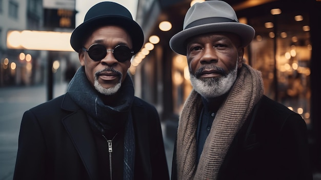 Two men stand on a street in front of a building, one wearing a hat and the other wearing a hat.