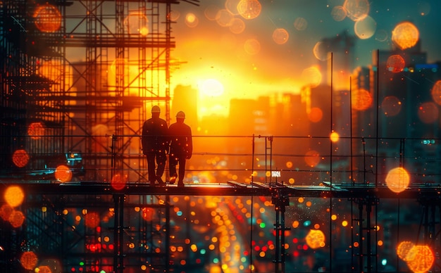 Two men standing on the building top above the city at sunset