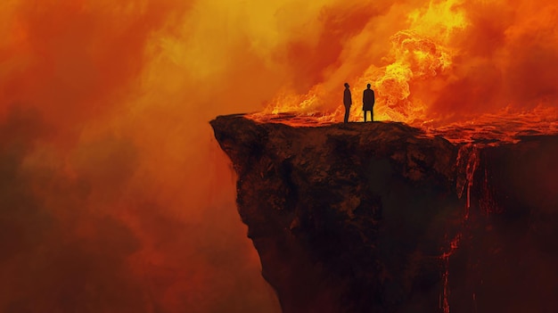 Two men standing at the edge of the volcanic rock