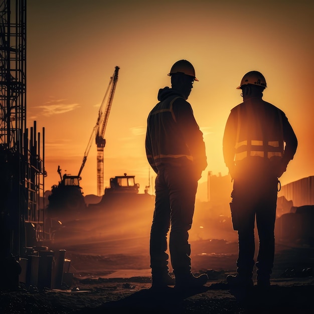 Two men standing in front of a construction site with the sun setting behind them.