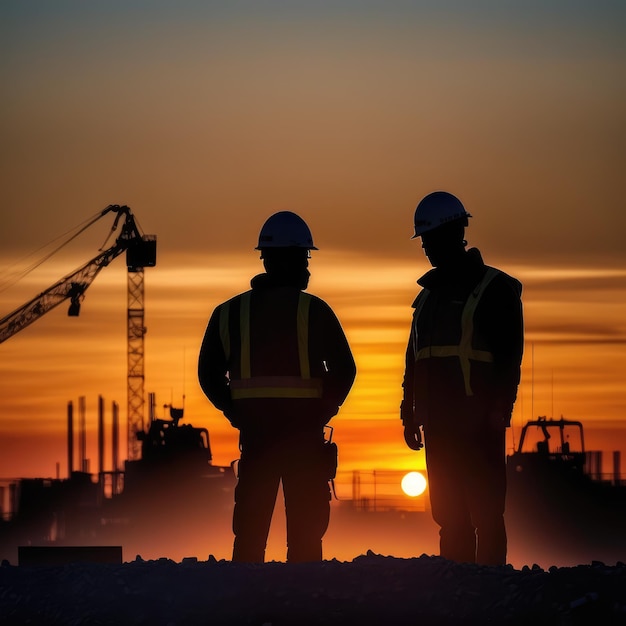 Two men standing in front of a construction site with a sunset in the background.