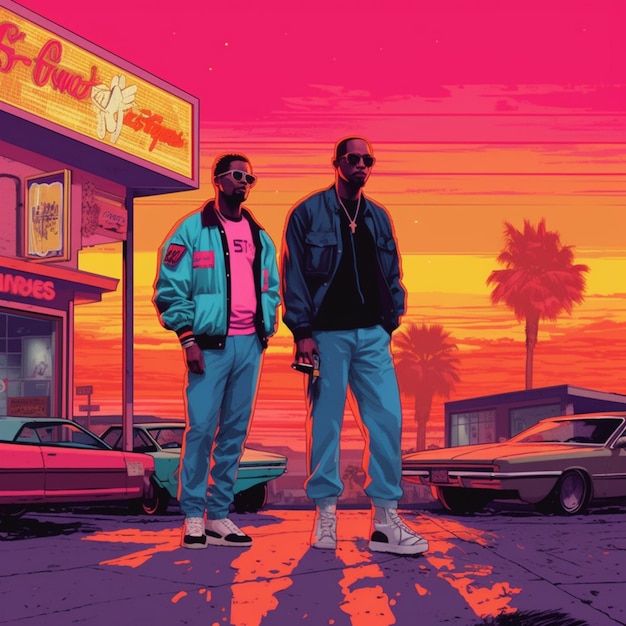 two men standing in front of a gas station with a sunset in the background generative ai