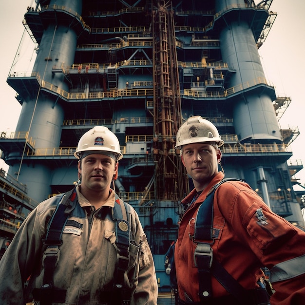 two men standing in front of an oil rig