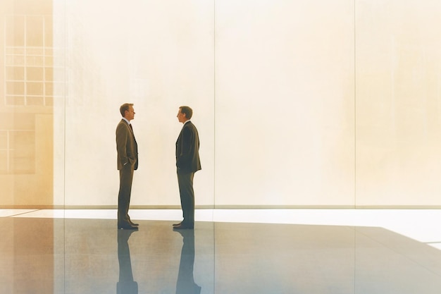 Two men standing in front of a wall