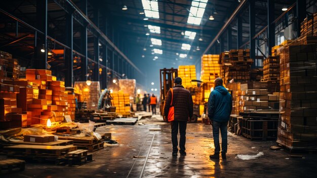 Two men standing their backs to camera in the large warehouse Spacious storage for numerous cardboard boxes at backdrop