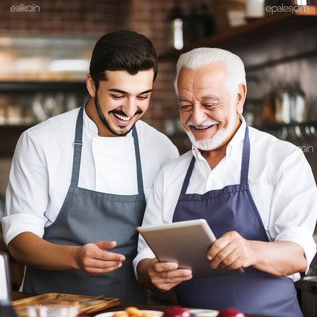 Two Men Standing Together in Front of a Tablet Discussing