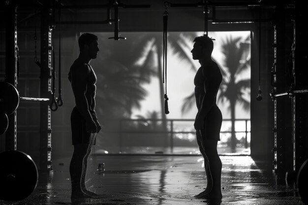 Photo two men standing together in a gym