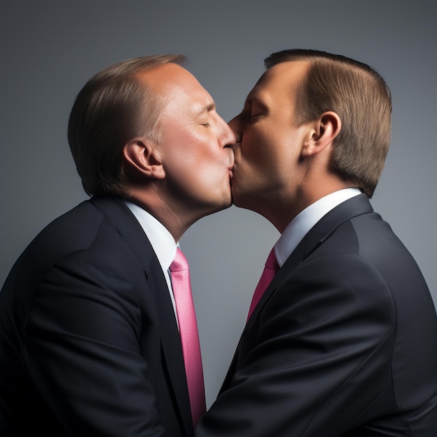 Photo two men in suits are kissing each other, one of them has a pink tie.