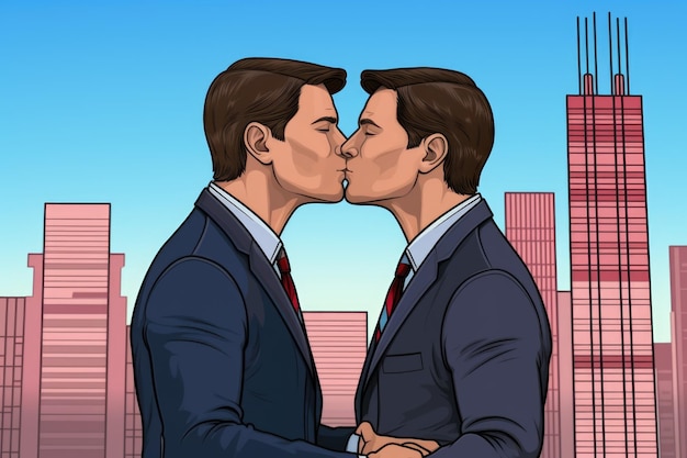 Photo two men in suits are kissing in front of a city ai