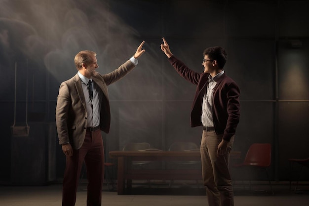 Foto due uomini in abito si indicano in una stanza buia con la parola 