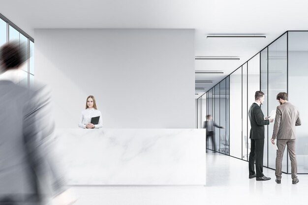 Photo two men in suits are talking in a corner of an office hall. there is a marble reception desk and a corridor in the background. 3d rendering. mock up.