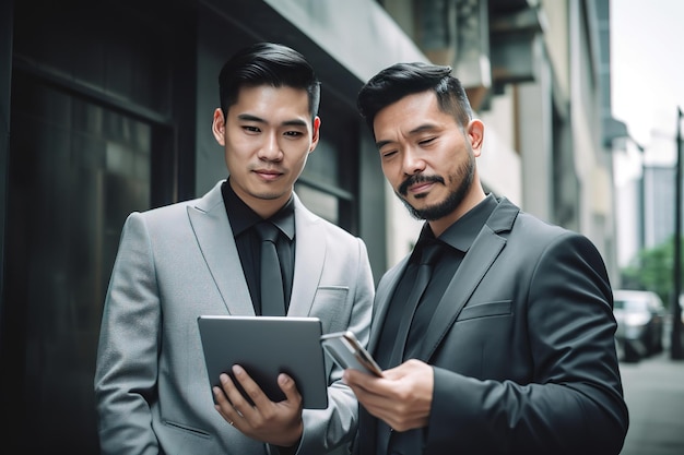 양복을 입은 두 남자가 태블릿을 보고 있다.