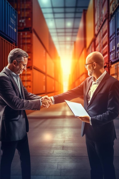 Photo two men in suits shaking hands in a warehouse