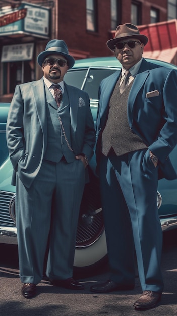 two men in suits stand next to a car with the word " on it.