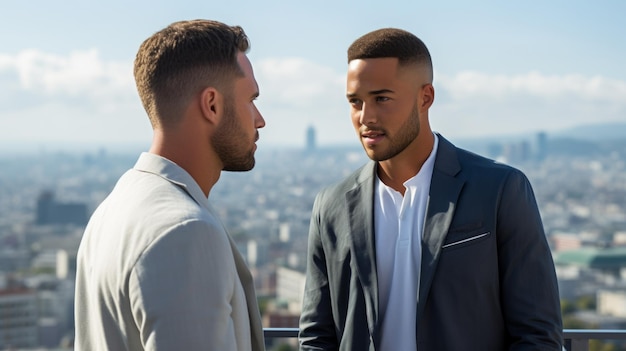 Photo two men in suits talking on a rooftop