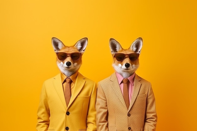 Two men in suits with fox masks on their heads, one wearing a pink shirt and the other wearing sunglasses