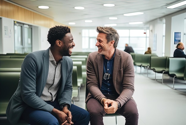 two men talking in a medical center together in the style of queer academia