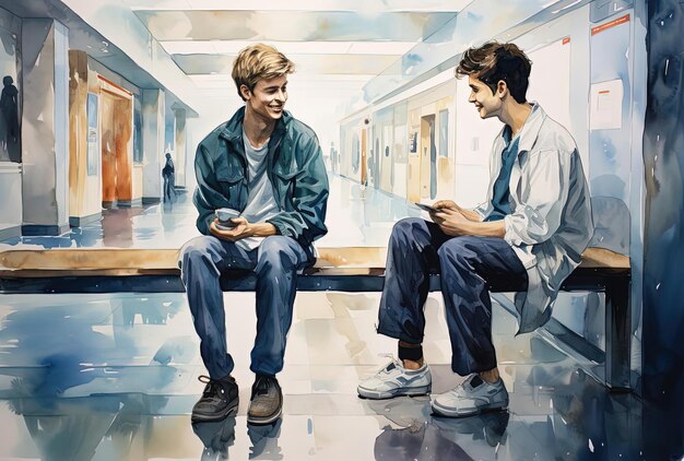 two men talking in a medical center together in the style of queer academia