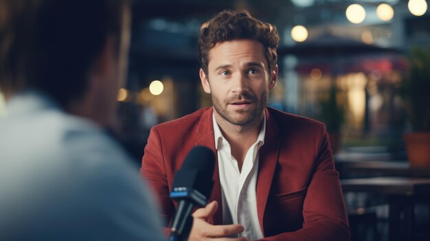 Photo two men talking in the tv studio interviewer portrait on a blurred background