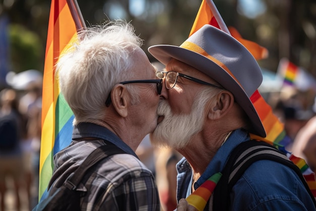 Two men in their 70s giving and kissing on the lips with the LGTBI flag in the background