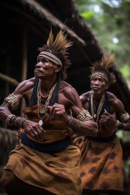 Двое мужчин в традиционном племенном танце, созданном с помощью генеративного ИИ