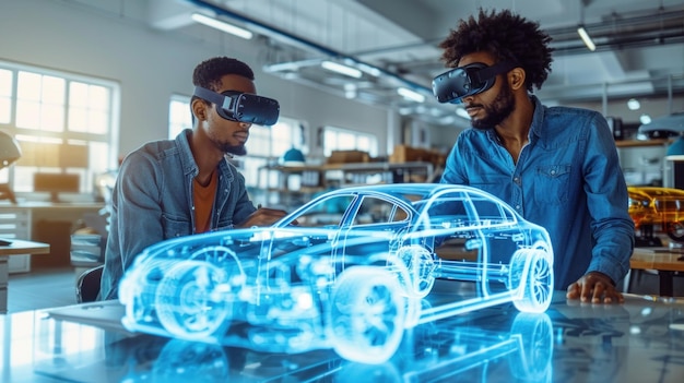 Двое мужчин используют VR-технологию для дизайна автомобилей в ярком офисе