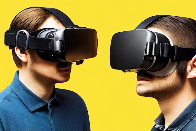 Two men in virtual reality glasses on yellow background vr headset