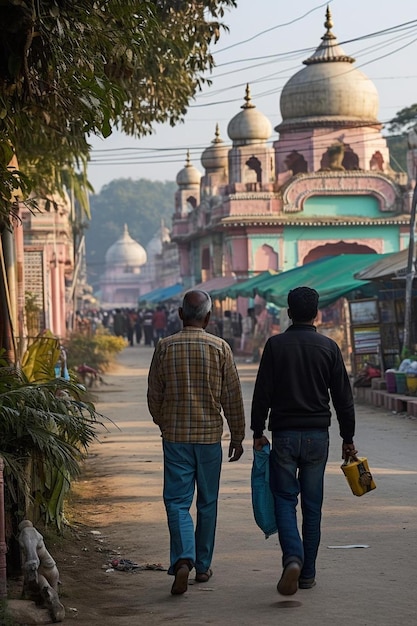 Photo two men walk down a street with a building in the background