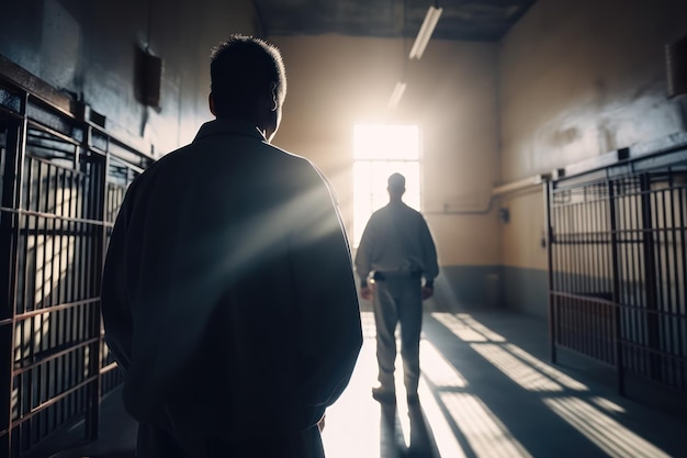 Two men walk through a dark room with a bright light shining through the window.