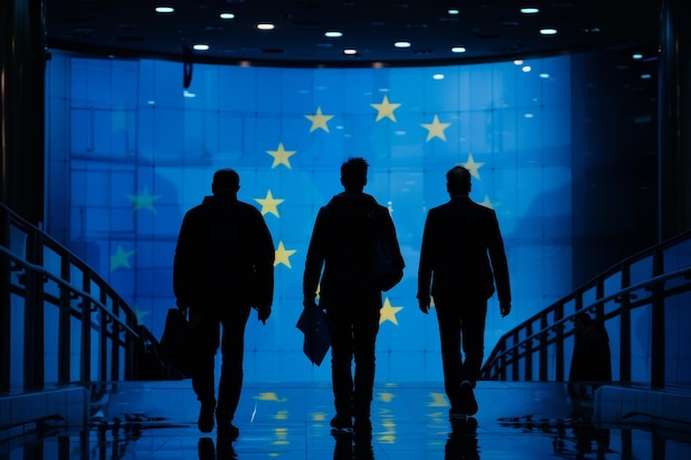 Photo two men walking down a walkway with the european flag projected on the wall behind them