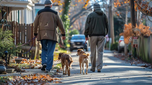 写真 郊外の通りで犬を散歩させる2人の男性男性はカジュアルな服を着ており犬は襟をかぶっています