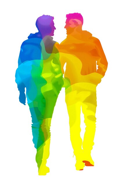 Photo two men walking together in a rainbow