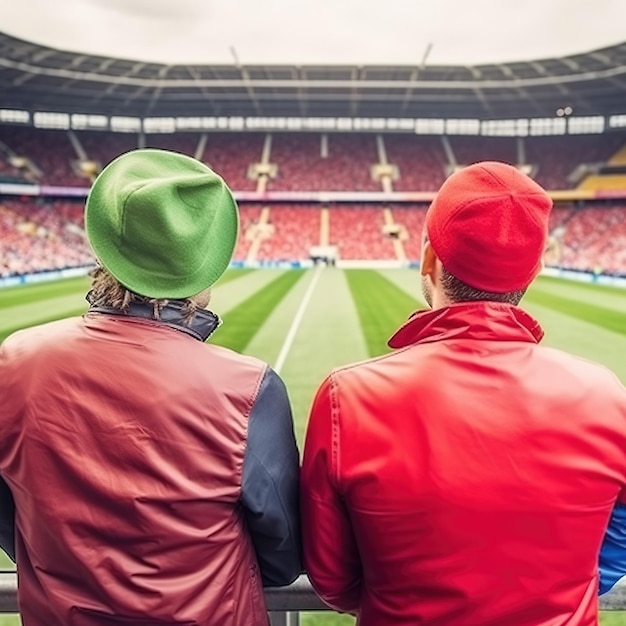Двое мужчин смотрят футбольный матч на стадионе
