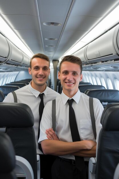 two men wearing black ties are standing in an airplane