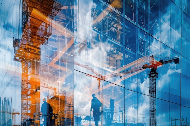Two men wearing business attire stand in front of a towering office building on a sunny day Doubleexposure of an underconstruction skyscraper and engineers at work AI Generated