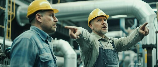 two men wearing hard hats and overalls in a factory