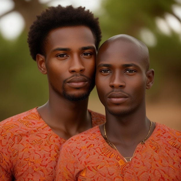 Two men wearing orange shirts with the word love on them.